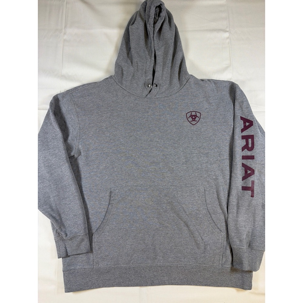 Ariat Mens XL Logo Heather Gray Burgundy Graphic Sleeve Pullover Hoodie